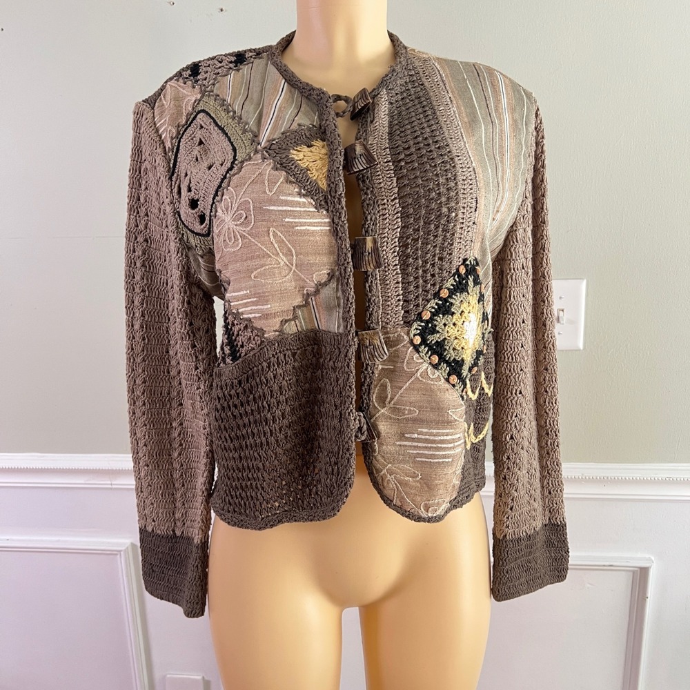 Sandy Starkman Patchwork Cardigan S Womens Crochet Silk Cotton Brown Boho Jacket